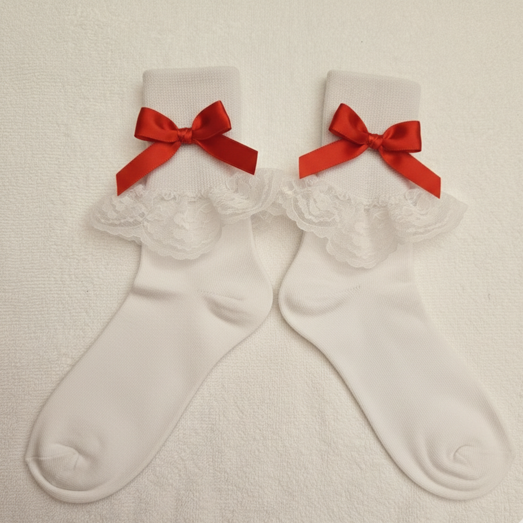 White socks with red bows on a beige background