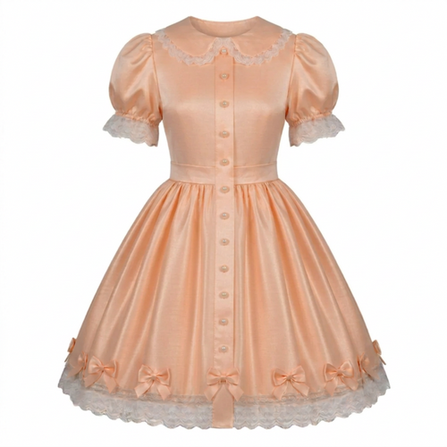 A peach Lolita-style dress with short puff sleeves, lace trim, a button-front bodice, and a flared skirt with bow details, shown on a plain white background.