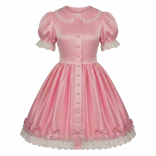 A pink Lolita-style dress with short puff sleeves, lace trim, a button-front bodice, and a flared skirt with bow details, shown on a plain white background.