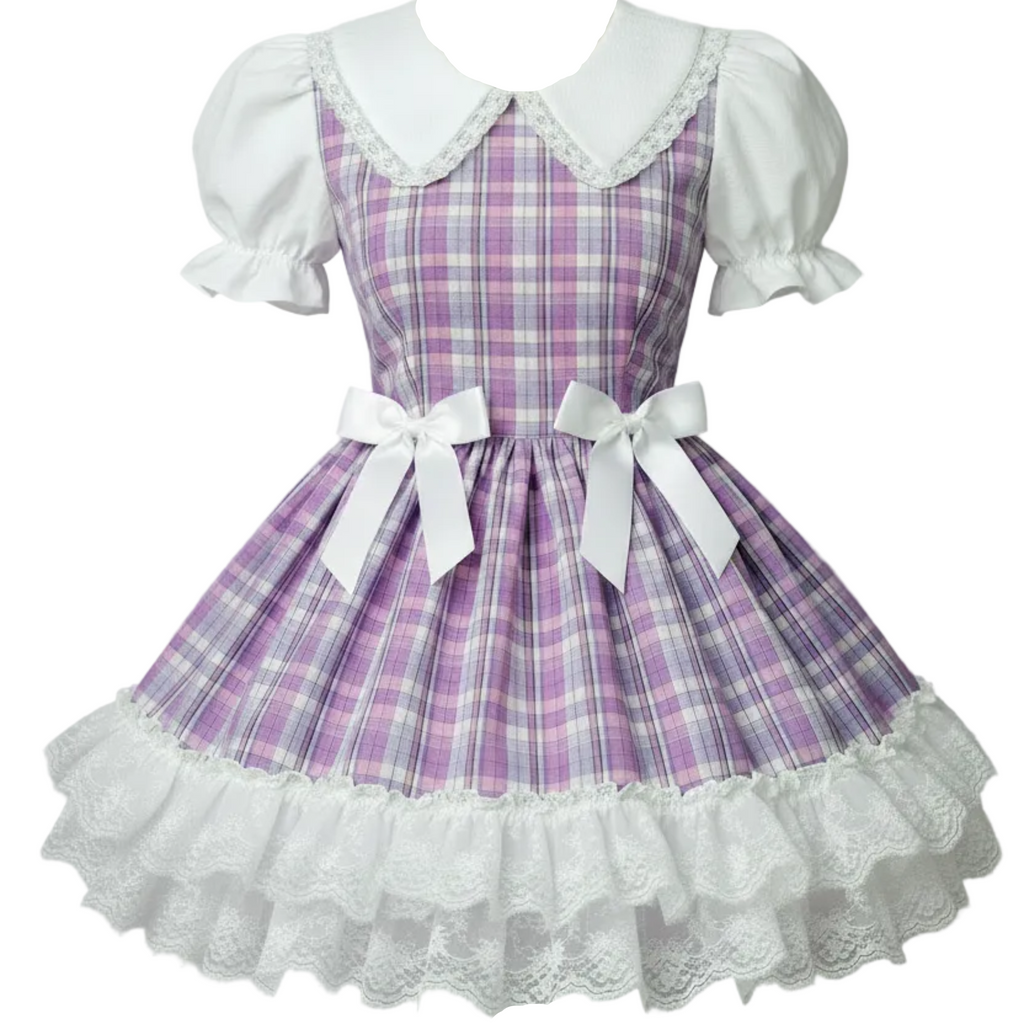 Purple plaid dress with white lace ruffles