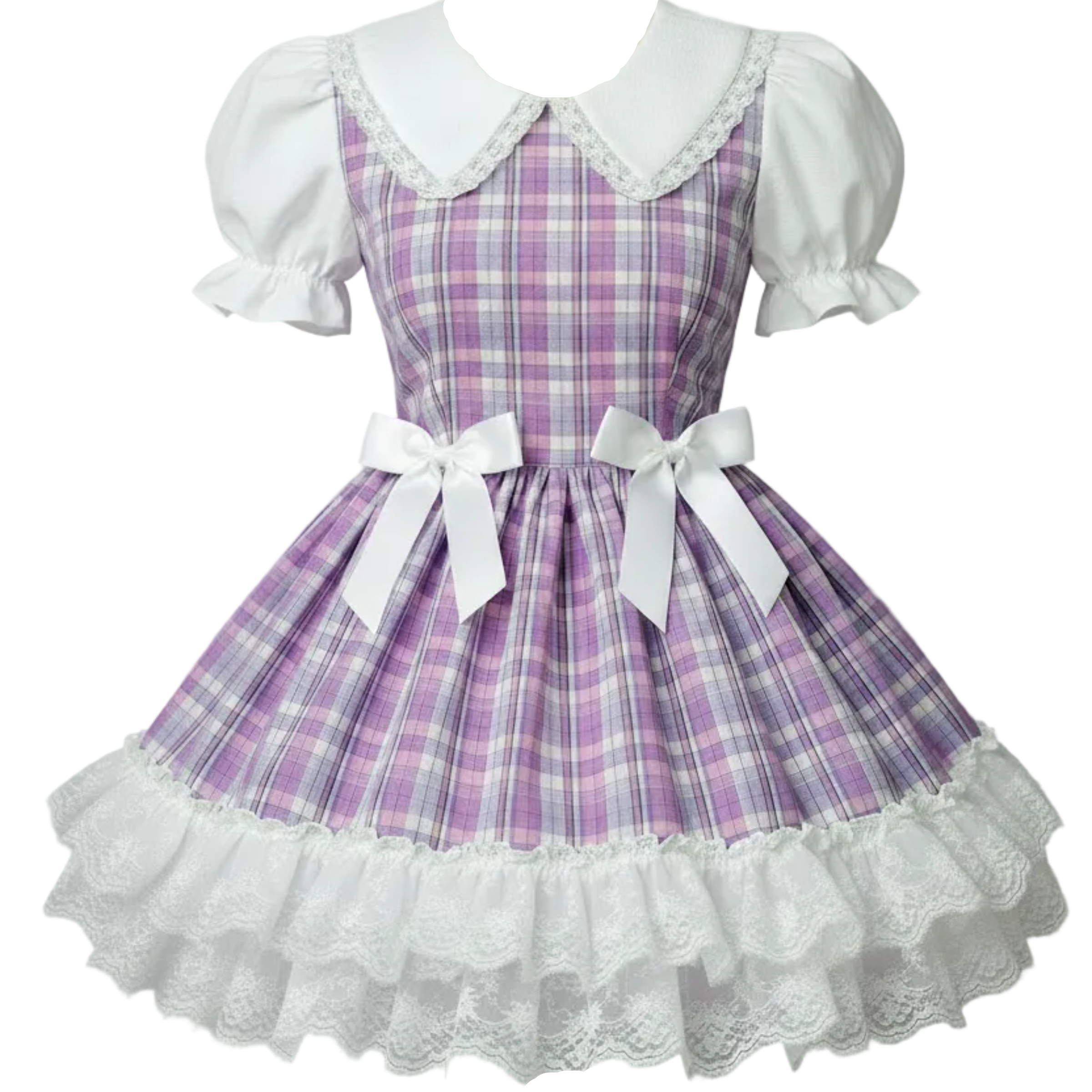 Purple plaid dress with white lace ruffles