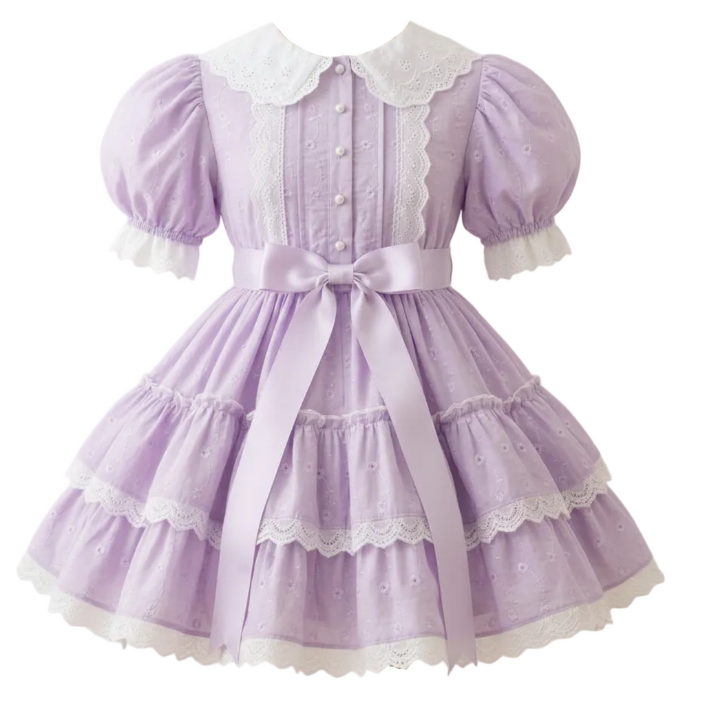 A lavender eyelet sissy dress with white lace and buttons on a white background