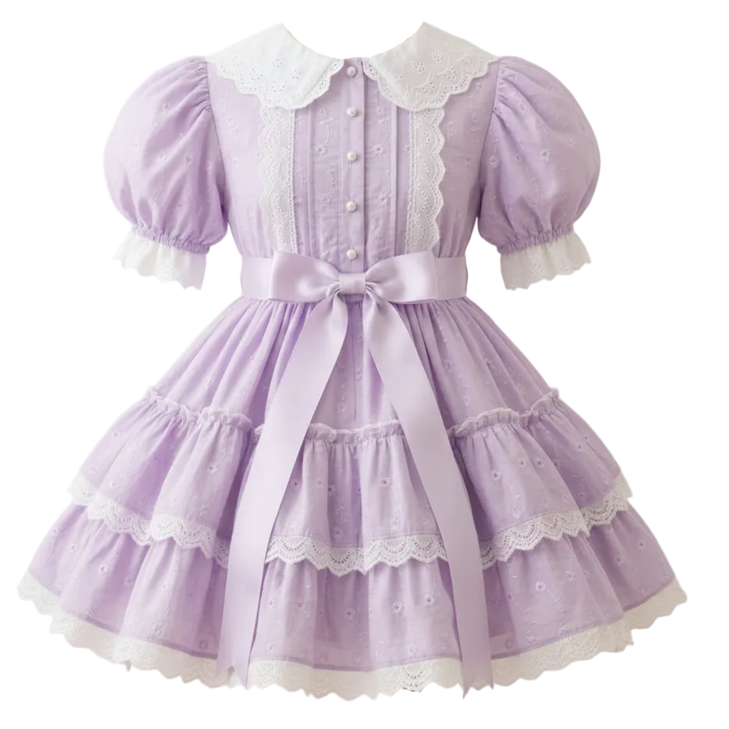 A lavender eyelet sissy dress with white lace and buttons on a white background