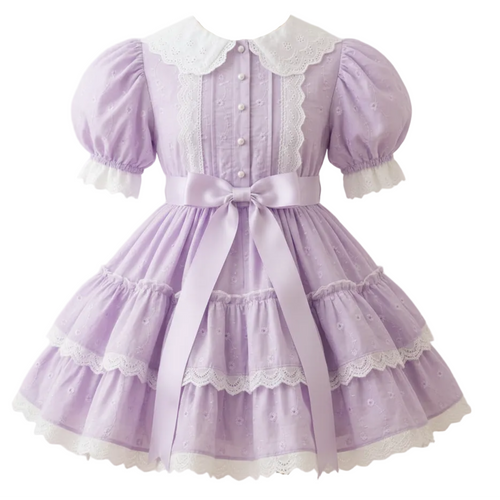 A lavender eyelet sissy dress with white lace and buttons on a white background