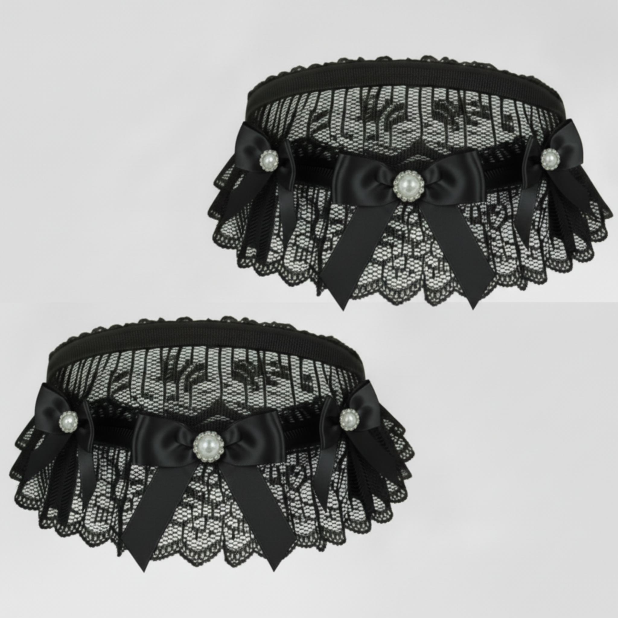 Black lace choker & garter with Black satin bows and decorative elements on a light gray background