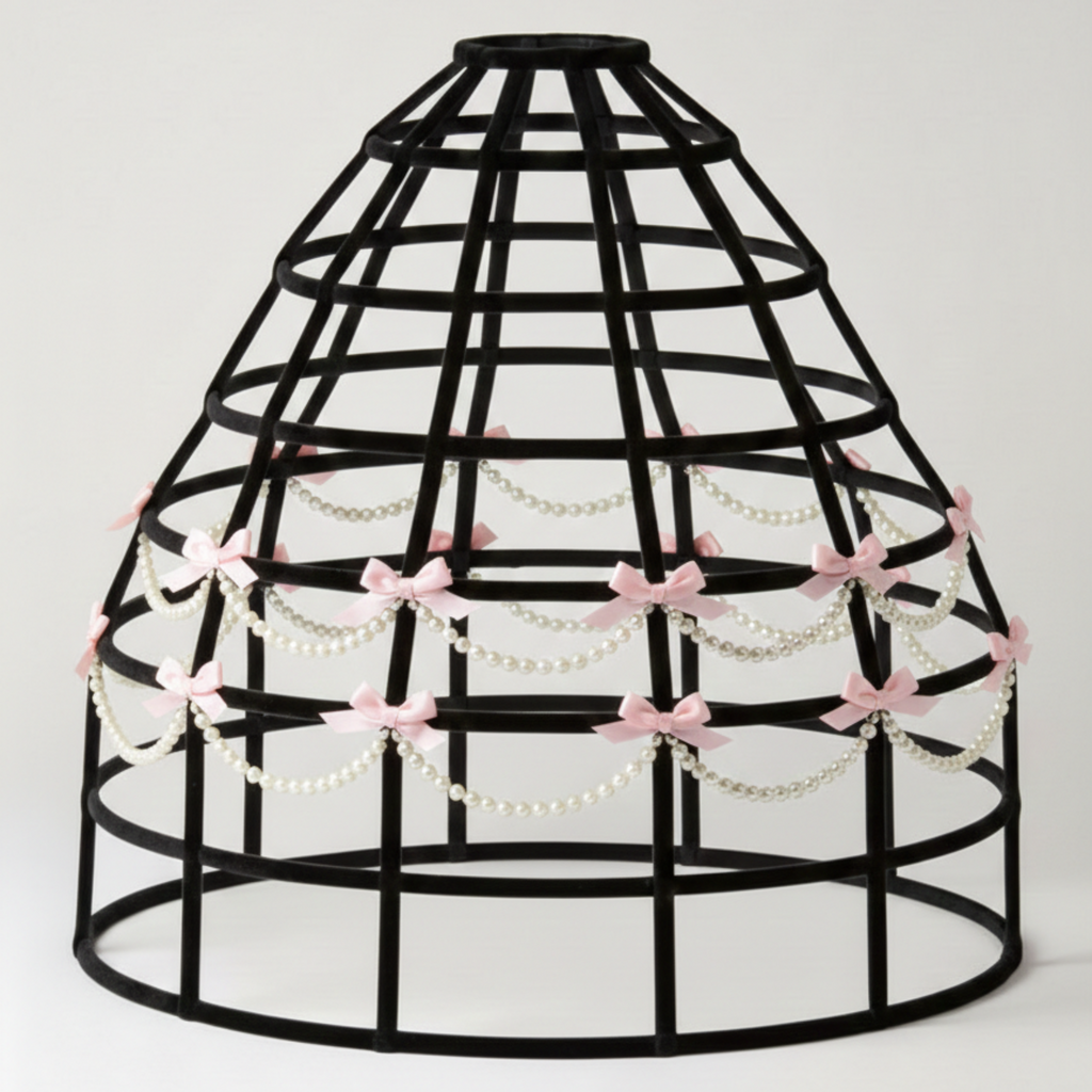 Black hoop skirt cage crinoline with pink bows and beads on a white background