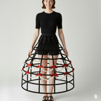 Woman wearing a black dress with a hoop skirt and red bows on a white background