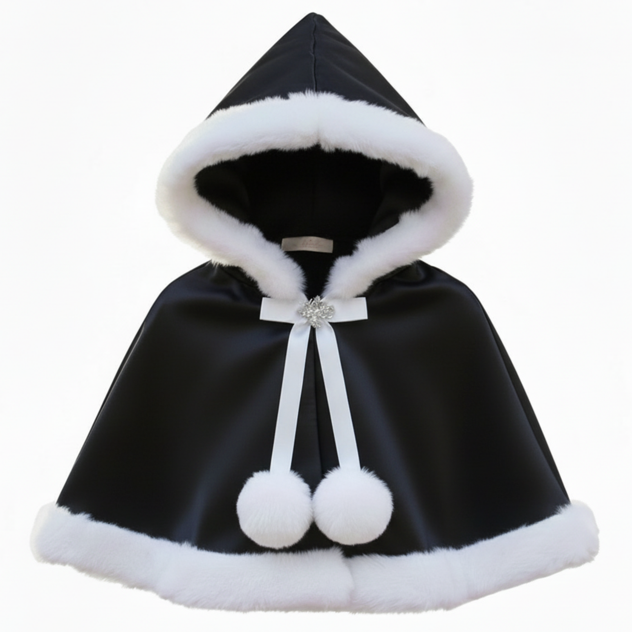 Black Satin caplet with white fur trim on a white background