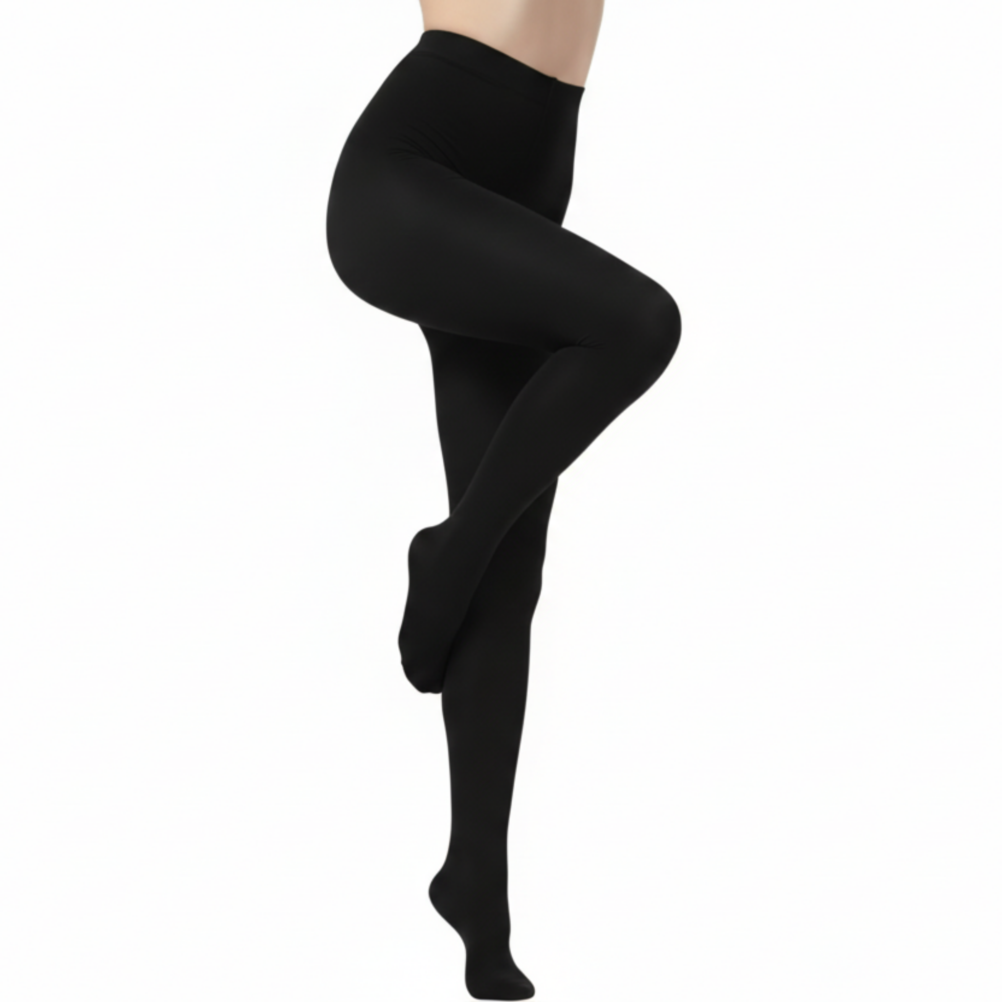Black tights worn by a person on a white background