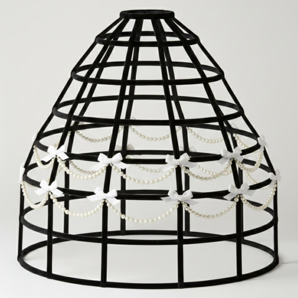 Black birdcage hoop skirt with decorative beads and bows on a white background