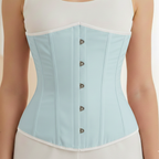 Light blue corset waist trainer worn by a model against a neutral background