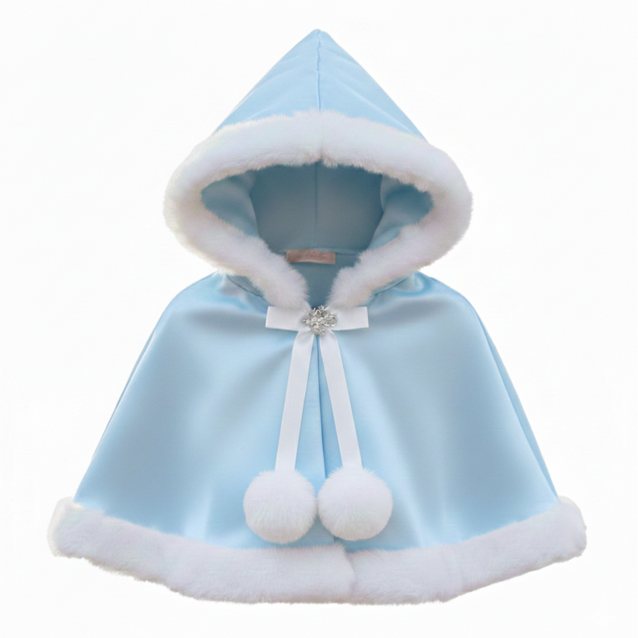 Light blue hooded cloak with white trim on a white background