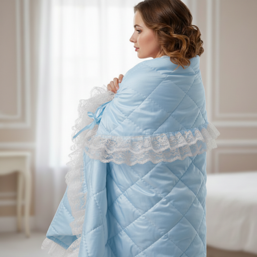 Woman wrapped in a light blue snuggle quilt with lace trim in a bedroom setting