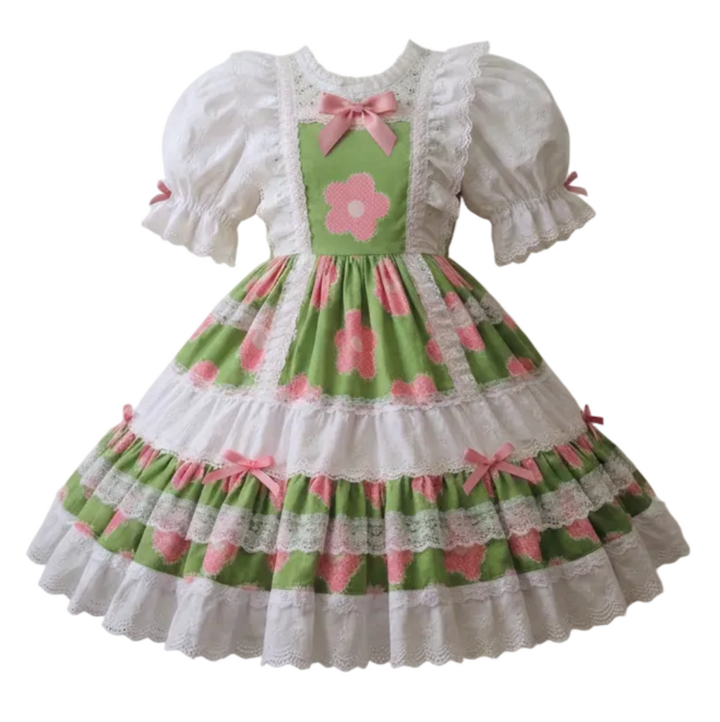 A green and pink floral Lolita-style dress displayed on a dress form mannequin against a plain white background.
