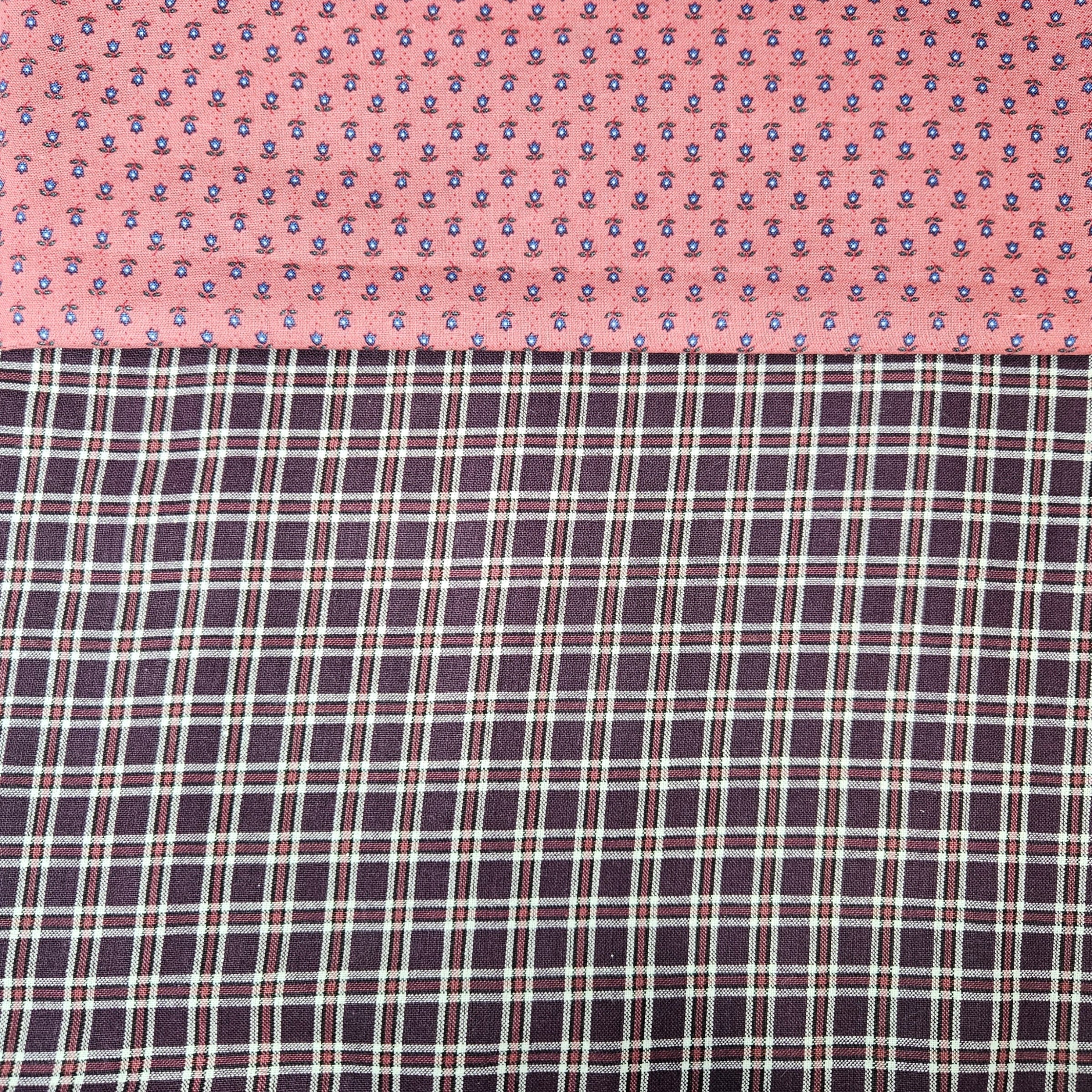Two fabric swatches: top pink with small pattern, bottom black and white plaid