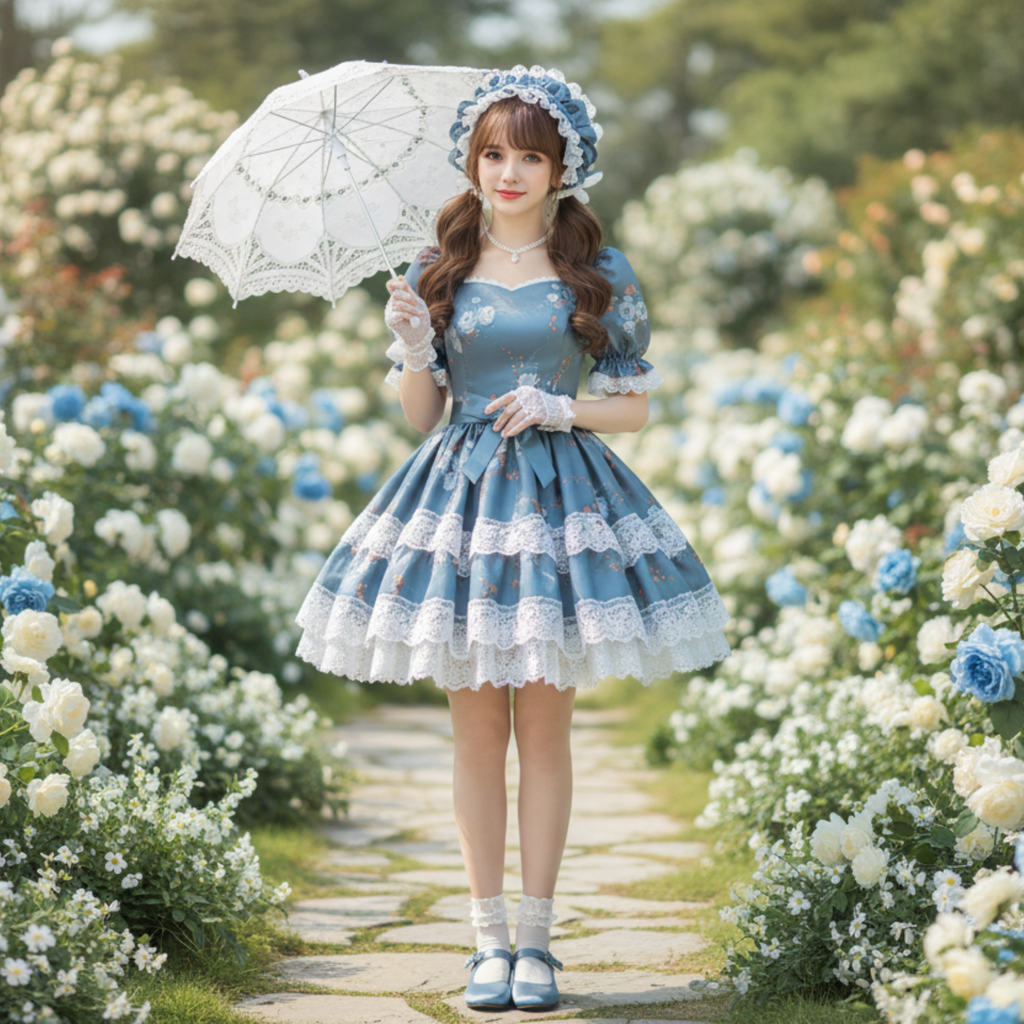 A blue satin Lolita-style dress with a floral print, featuring puffed short sleeves with white lace cuffs, a matching blue bow at the waist, and multiple tiers of white lace ruffles at the hem, shown against a plain white background.