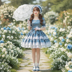 A blue satin Lolita-style dress with a floral print, featuring puffed short sleeves with white lace cuffs, a matching blue bow at the waist, and multiple tiers of white lace ruffles at the hem, shown against a plain white background.