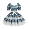 A blue satin Lolita-style dress with a floral print, featuring puffed short sleeves with white lace cuffs, a matching blue bow at the waist, and multiple tiers of white lace ruffles at the hem, shown against a plain white background.