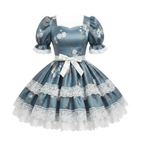A blue satin Lolita-style dress with a floral print, featuring puffed short sleeves with white lace cuffs, a matching blue bow at the waist, and multiple tiers of white lace ruffles at the hem, shown against a plain white background.