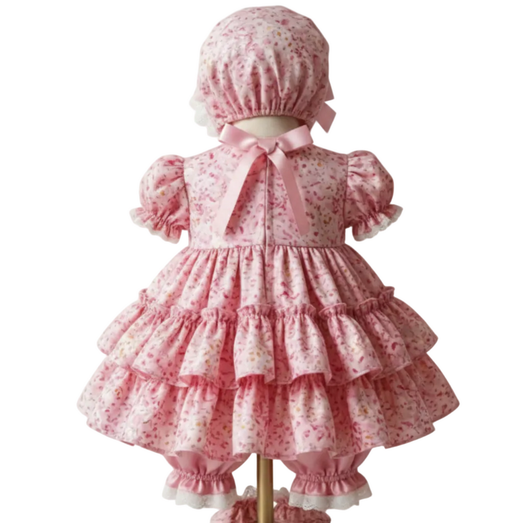 A pink floral baby dress displayed on a mannequin, featuring a tiered ruffled skirt, puffed sleeves, a bonnet with a matching bow, and mittens