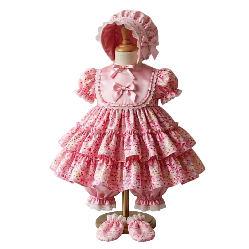 A pink floral baby dress set displayed on a wooden mannequin, including a tiered ruffle dress, matching bonnet, and mittens