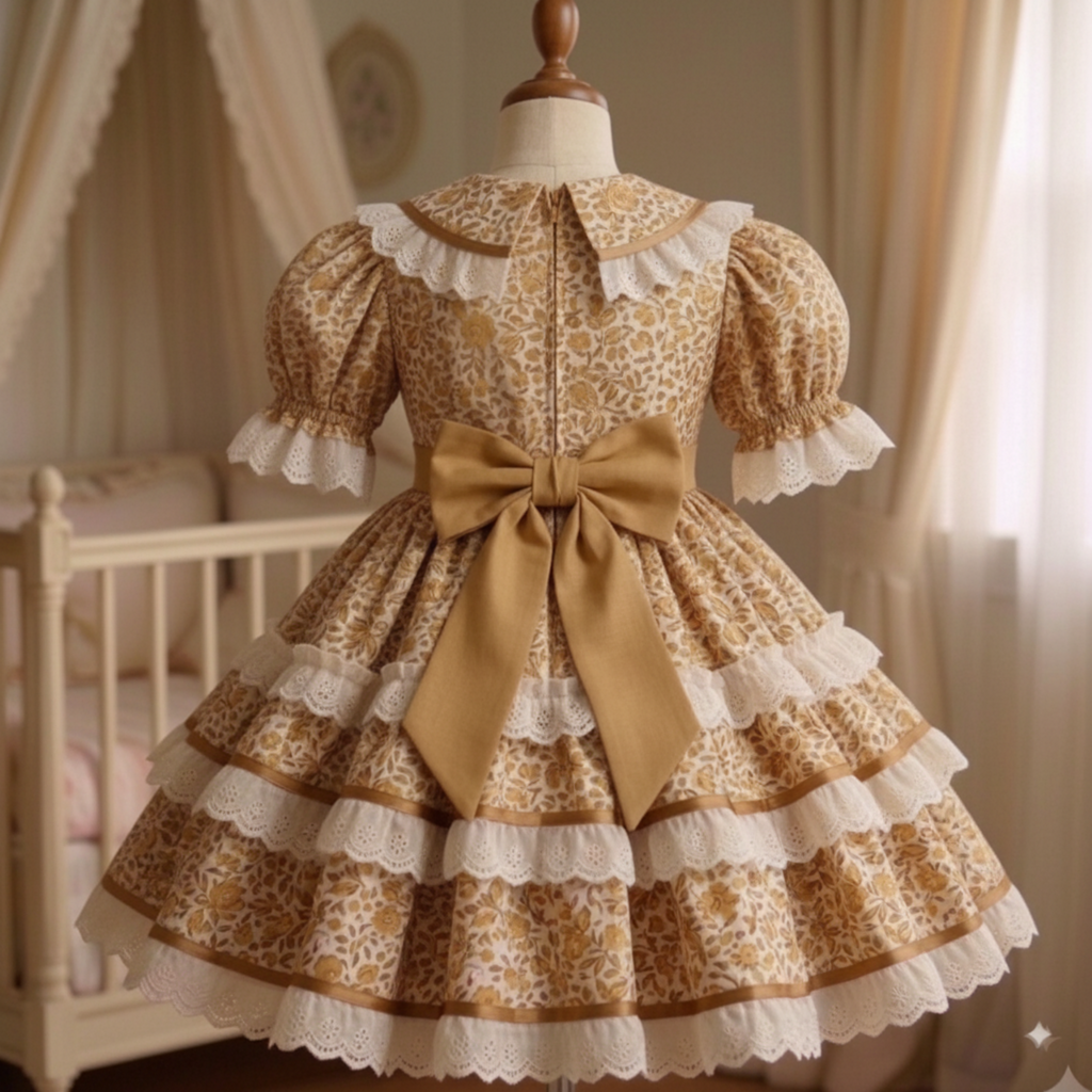 A vintage-style Lolita dress displayed on a mannequin in a softly lit nursery. The dress features a brown and beige floral pattern, white lace trim, puffed sleeves, and a large matching brown fabric bow at the back waist.