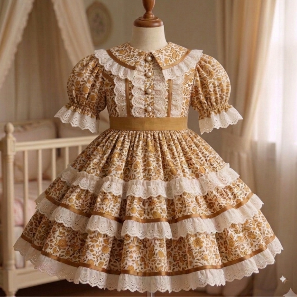 A vintage-style Lolita dress displayed on a wooden dress form mannequin. The dress features a brown and beige floral pattern with prominent white lace ruffles, a ruffled collar, and tiered skirt layers, set against a soft, warm bedroom background with a canopy bed and curtains.