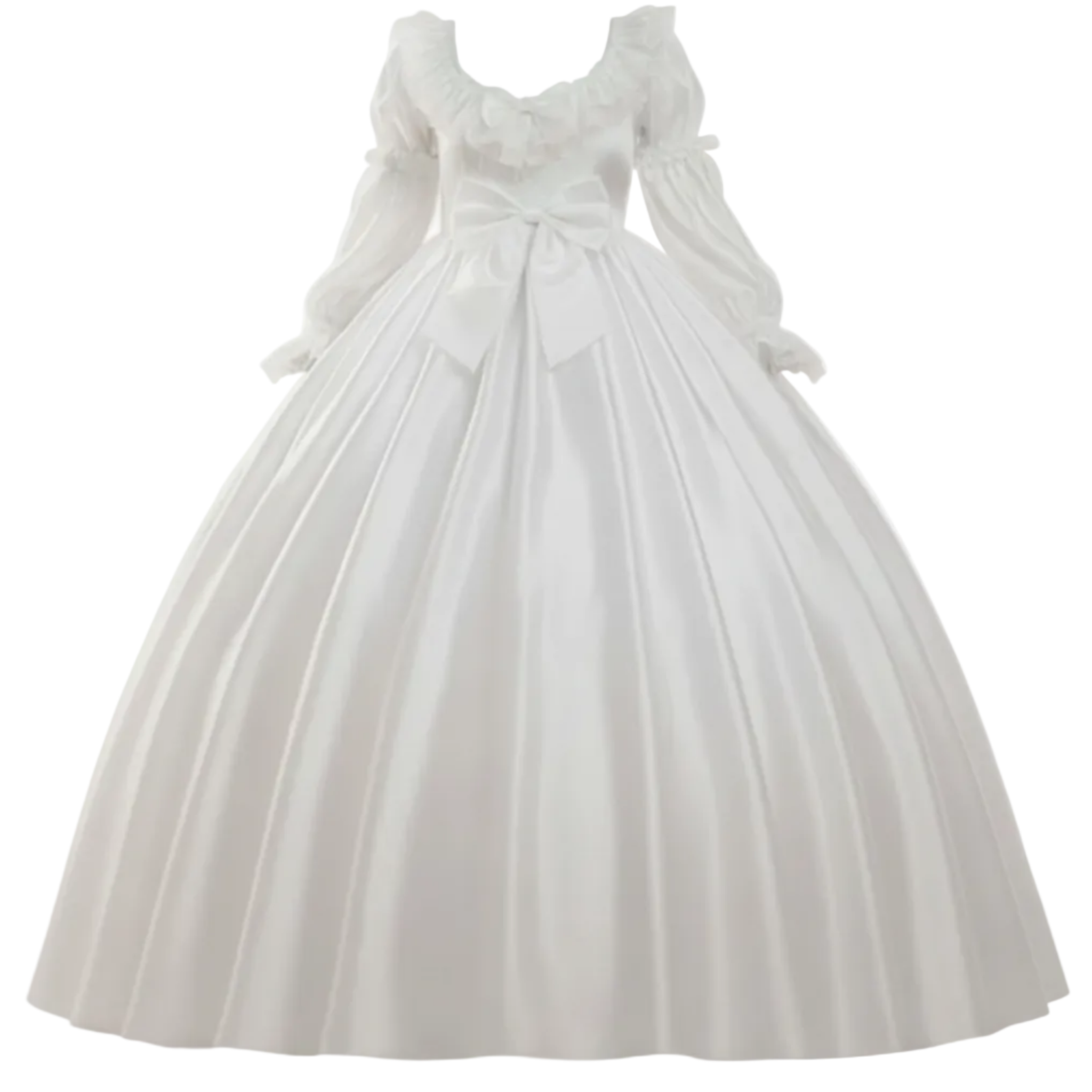 White satin ballgown with white bows on a white background