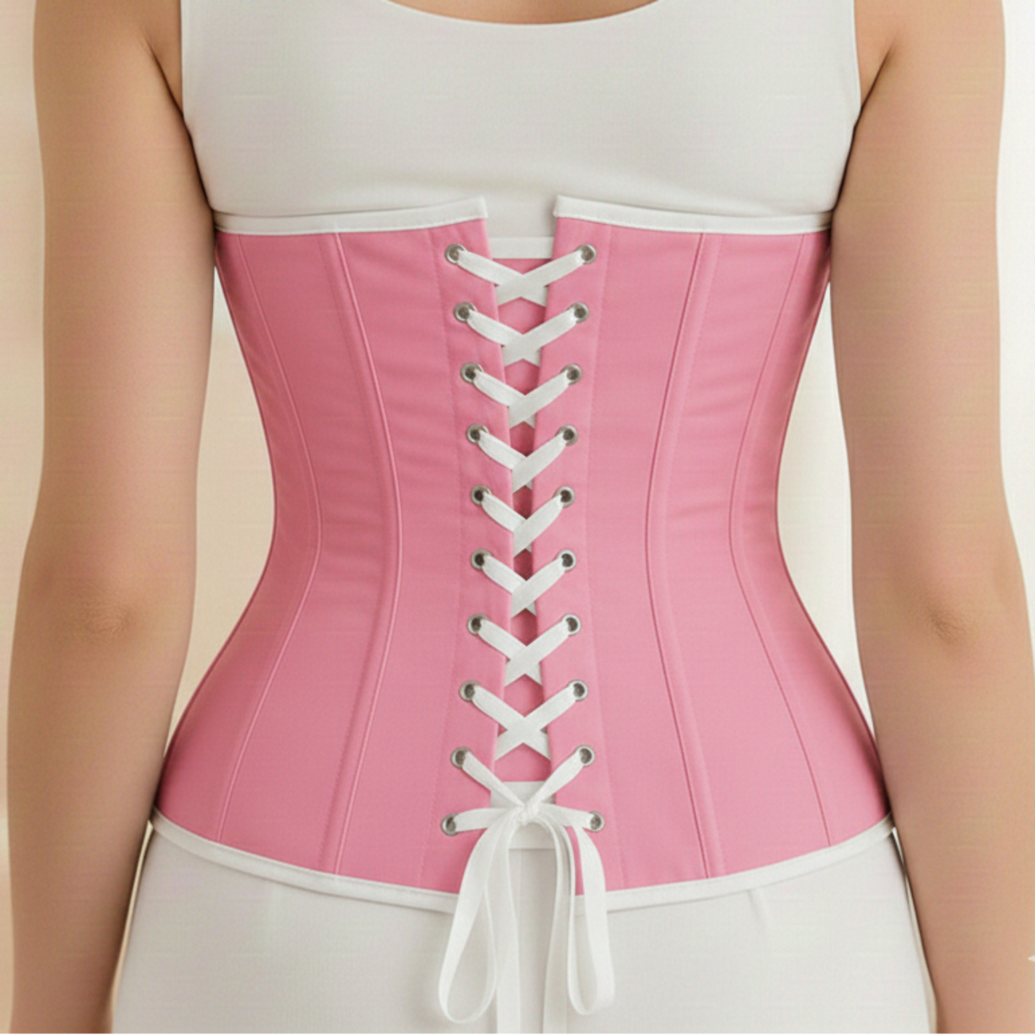 Person wearing a pink corset over a white tank top against a neutral background