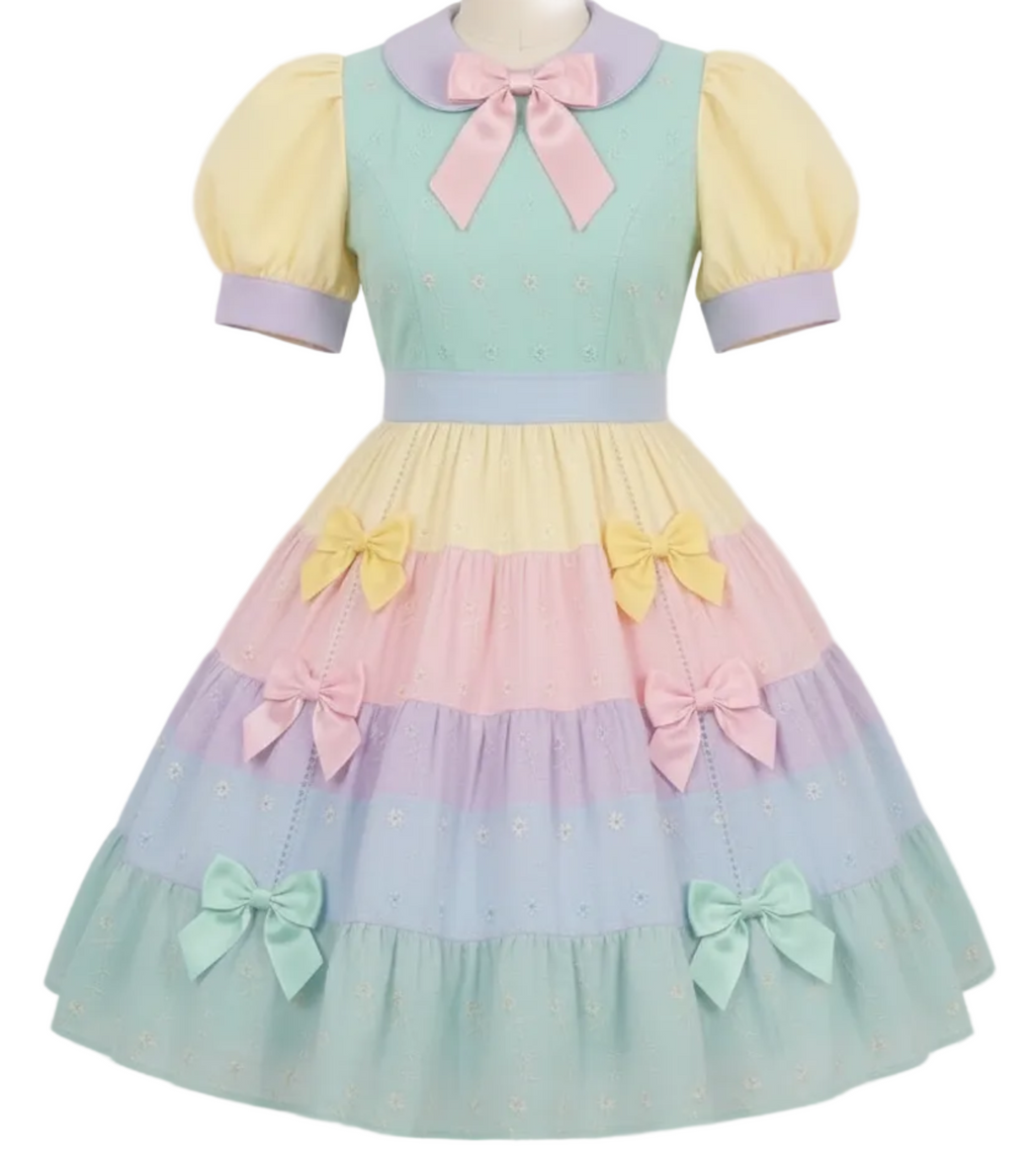A pastel Lolita-style dress displayed on a mannequin against a plain white background. The dress features a mint green bodice with a pink bow at the collar, pale yellow puff sleeves, and a tiered skirt in pastel yellow, pink, lavender, and light blue with matching bows.
