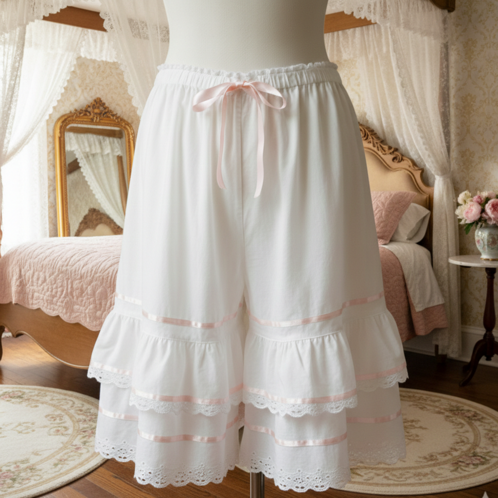 White lace-trimmed pantalettes on a mannequin in a bedroom setting.