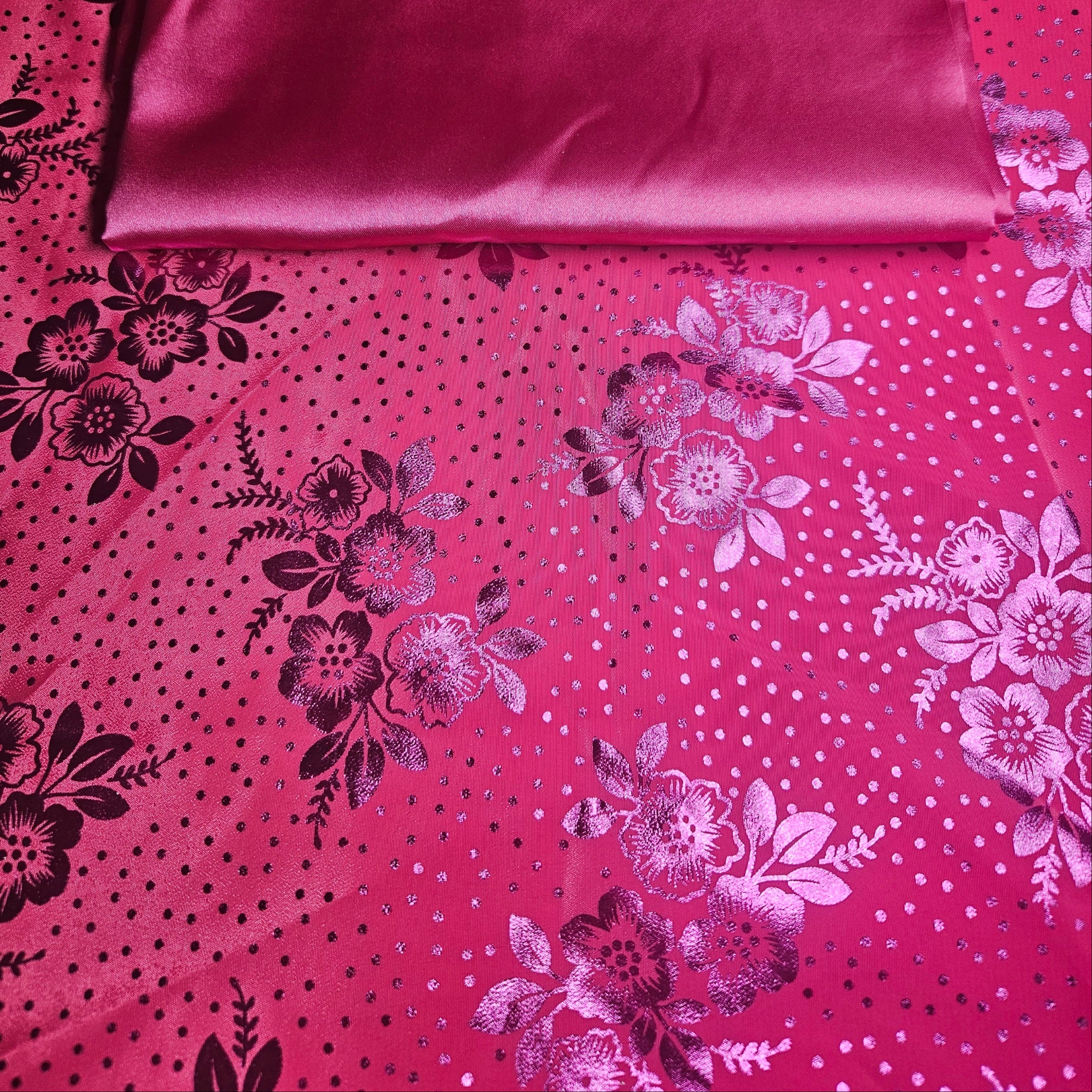 Fuchsia Pink fabric with floral and polka dot jacquard pattern