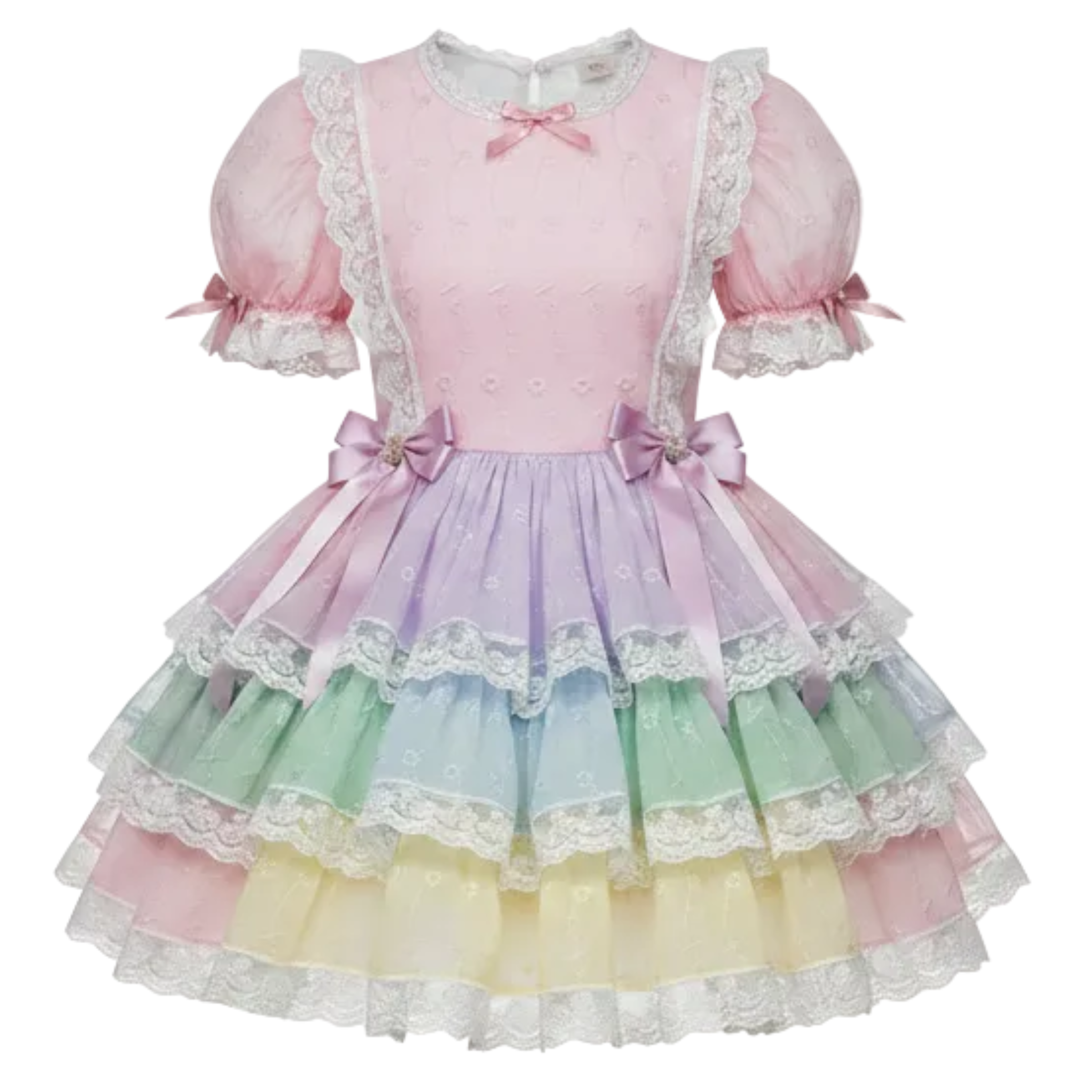A pastel Lolita-style dress with a pink bodice, short puff sleeves, and a tiered skirt in pink, purple, green, and yellow with white lace trim.