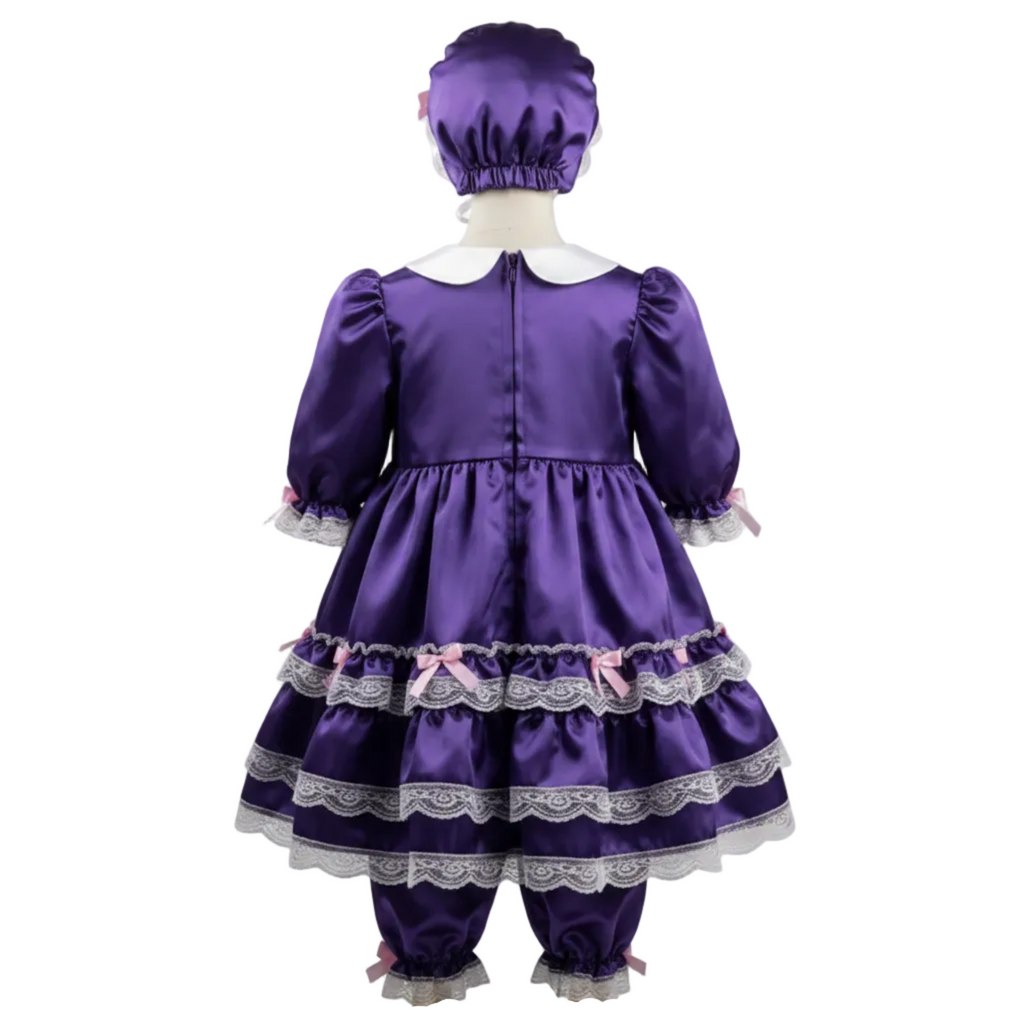 Gwen Custom Fit Purple Satin Teddy Bear Sissy Dress Ensemble Bloomers Bonnet by Ben’s