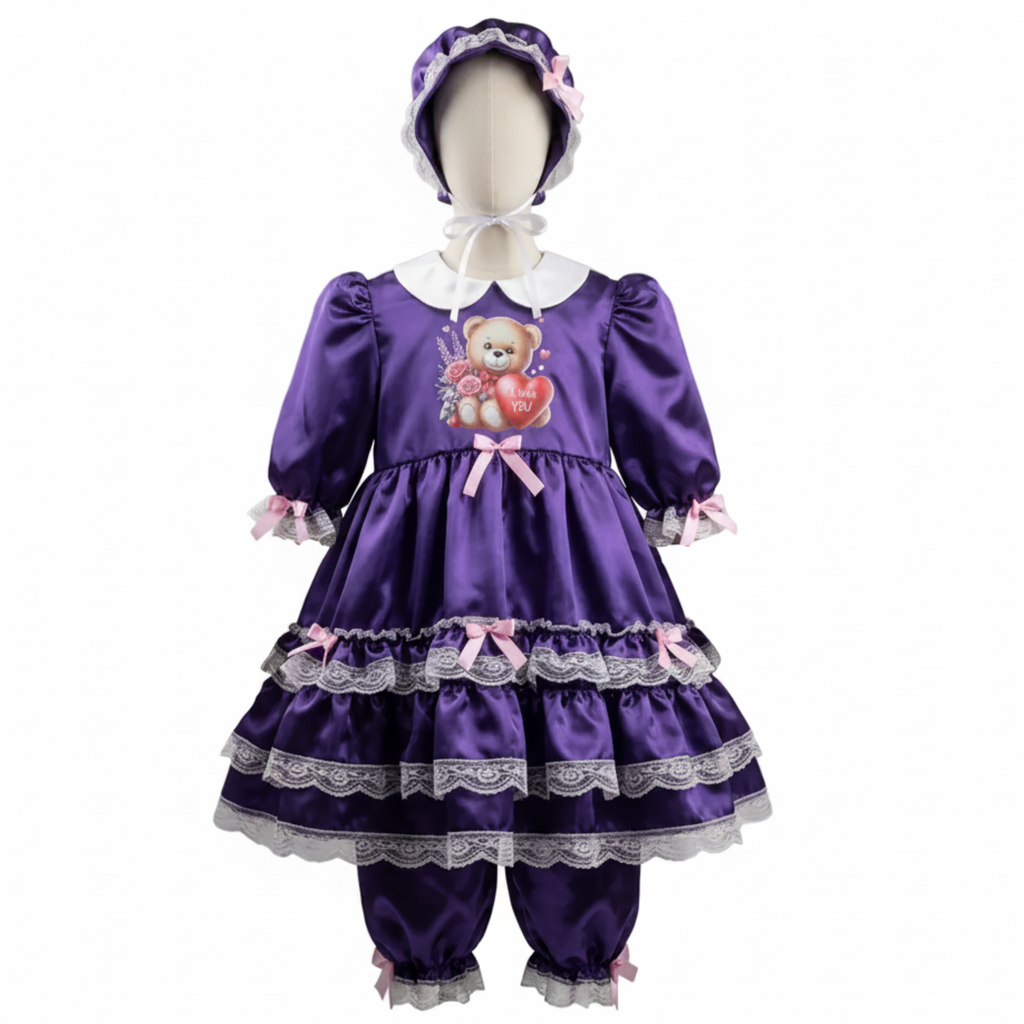 A purple satin sissy dress with matching bloomers and bonnet