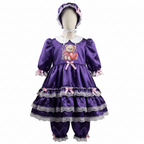 A purple satin sissy dress with matching bloomers and bonnet