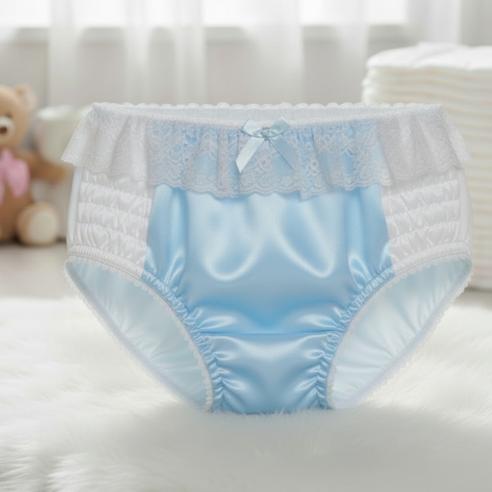 Blue baby diaper with lace trim on a white surface, with a teddy bear and stack of diapers in the background.