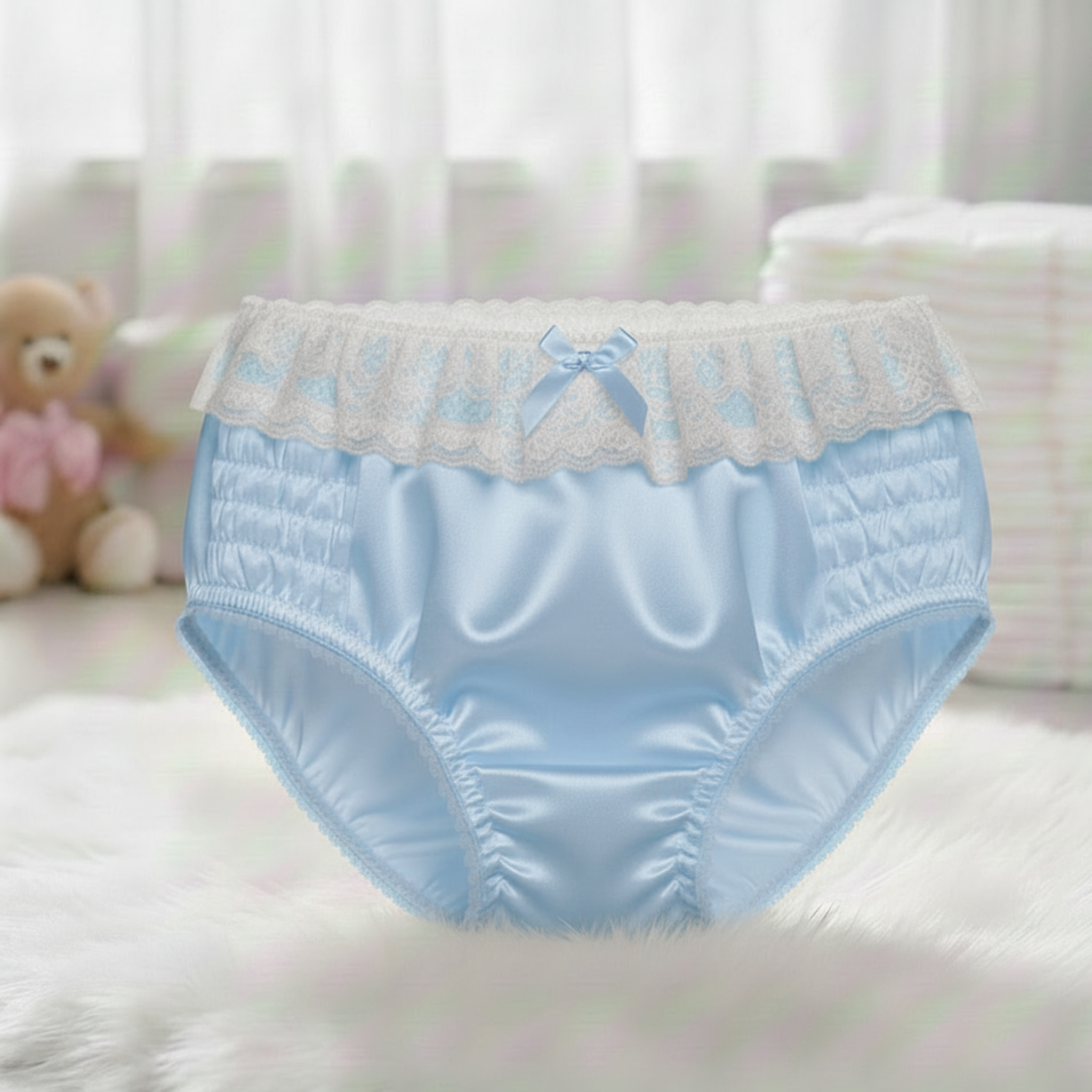 Light blue women's underwear with lace trim on a white surface.