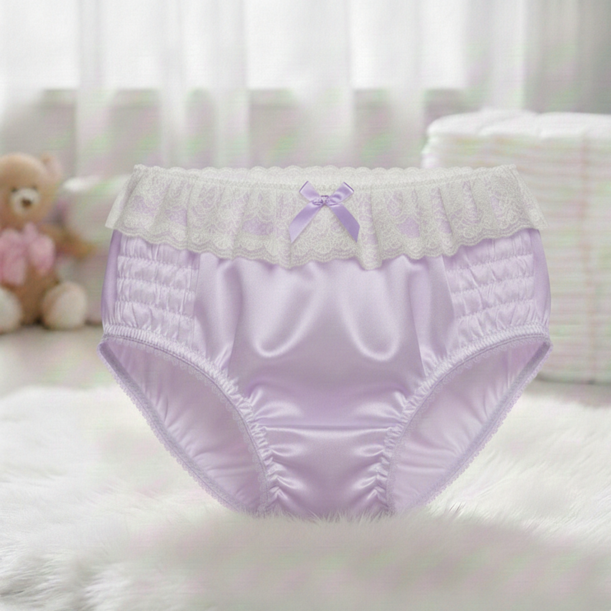 Purple women's underwear with lace trim on a white surface