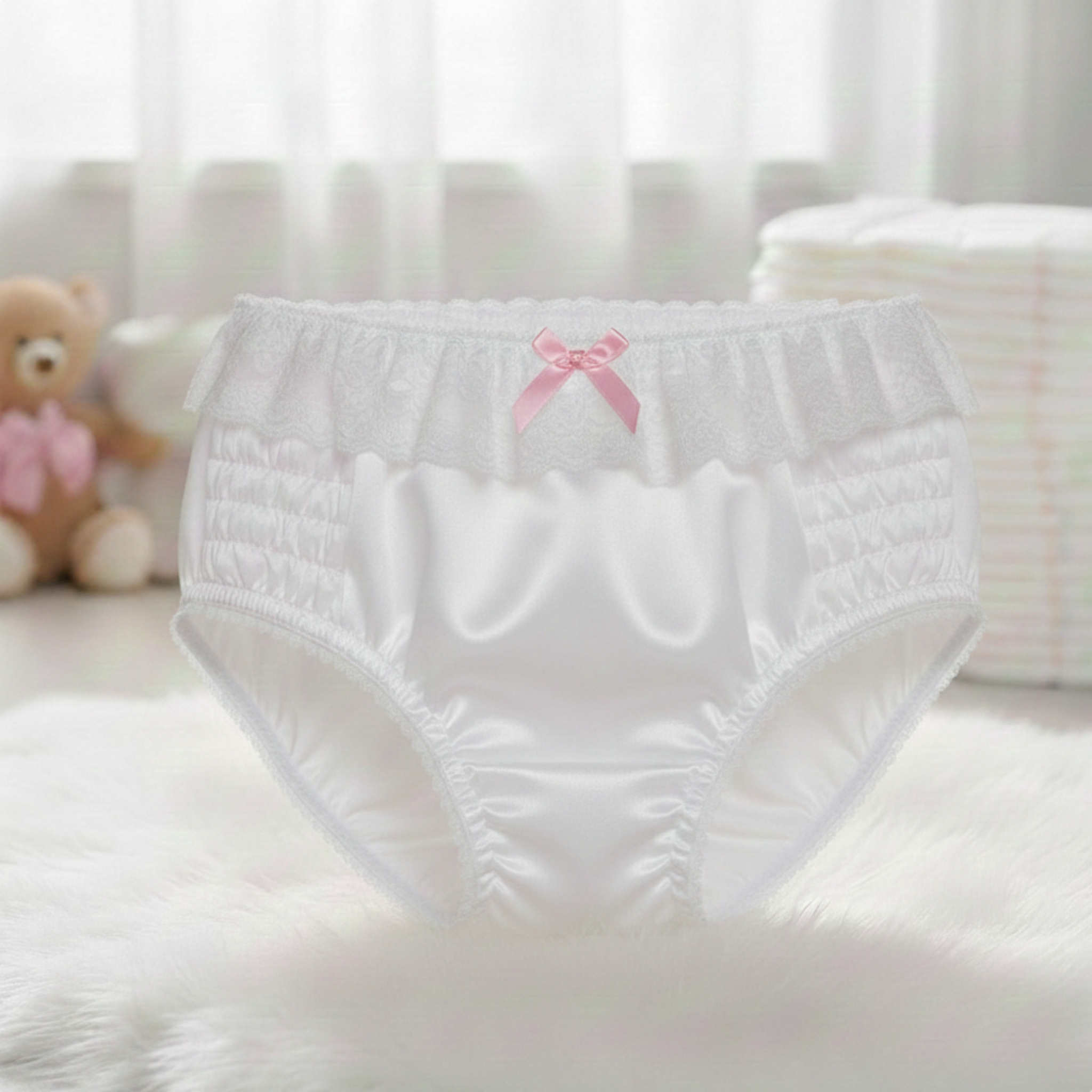 White lace underwear with a pink bow on a soft surface