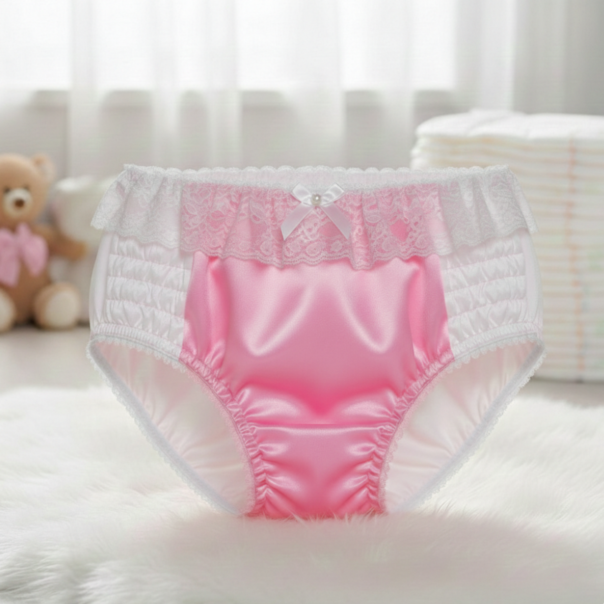 Pink hip hugger panties with lace details on a soft surface