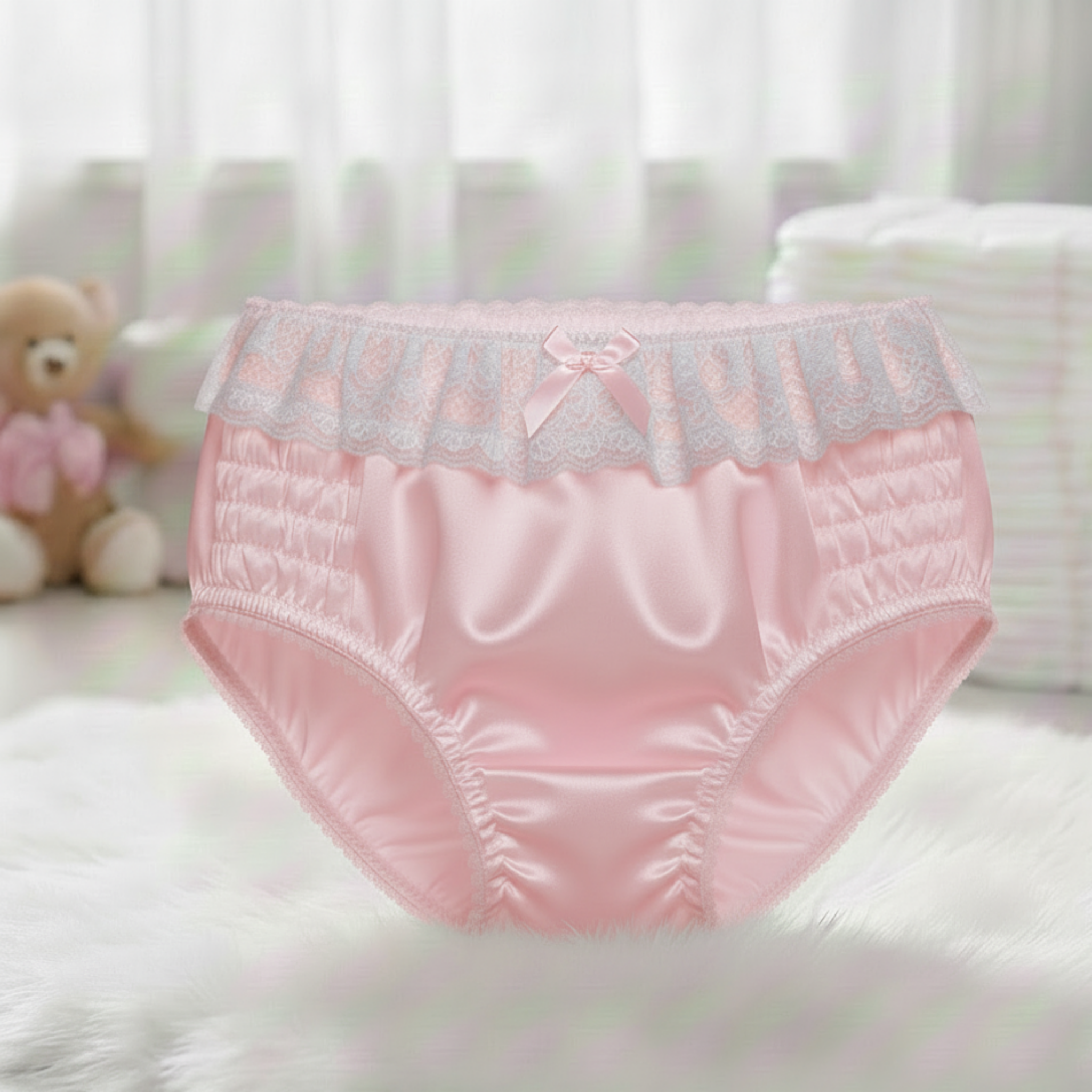 Pink baby diaper with decorative trim on a soft surface