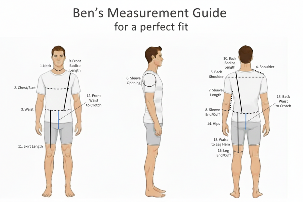 Measurement guide for clothing fit with labeled parts on a white background
