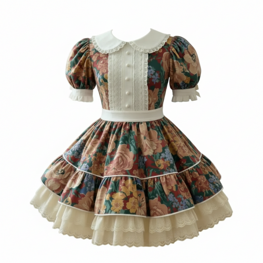 A Lolita-style short dress features a colorful floral print with a Peter Pan collar, front panel,  ruffled cuffs, and layered cream lace ruffles at the hem.