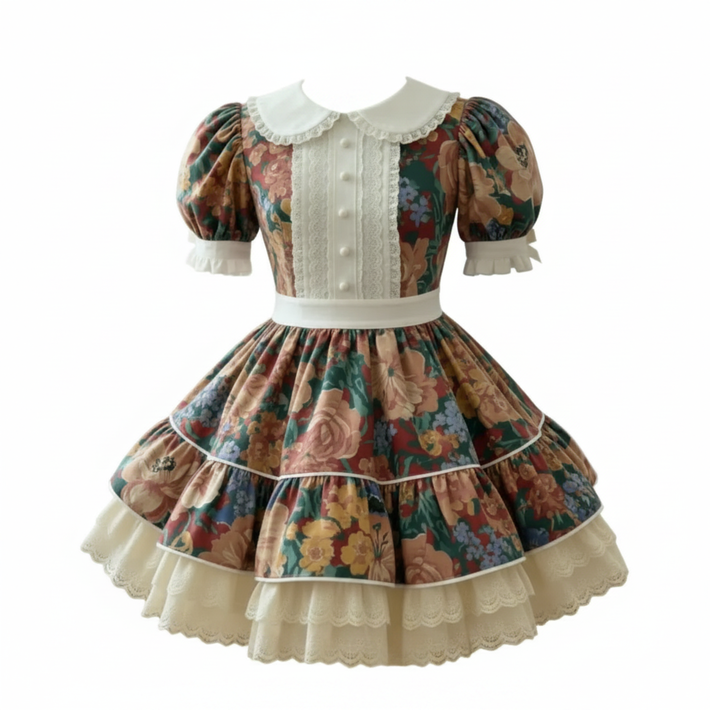 A Lolita-style short dress features a colorful floral print with a Peter Pan collar, front panel,  ruffled cuffs, and layered cream lace ruffles at the hem.