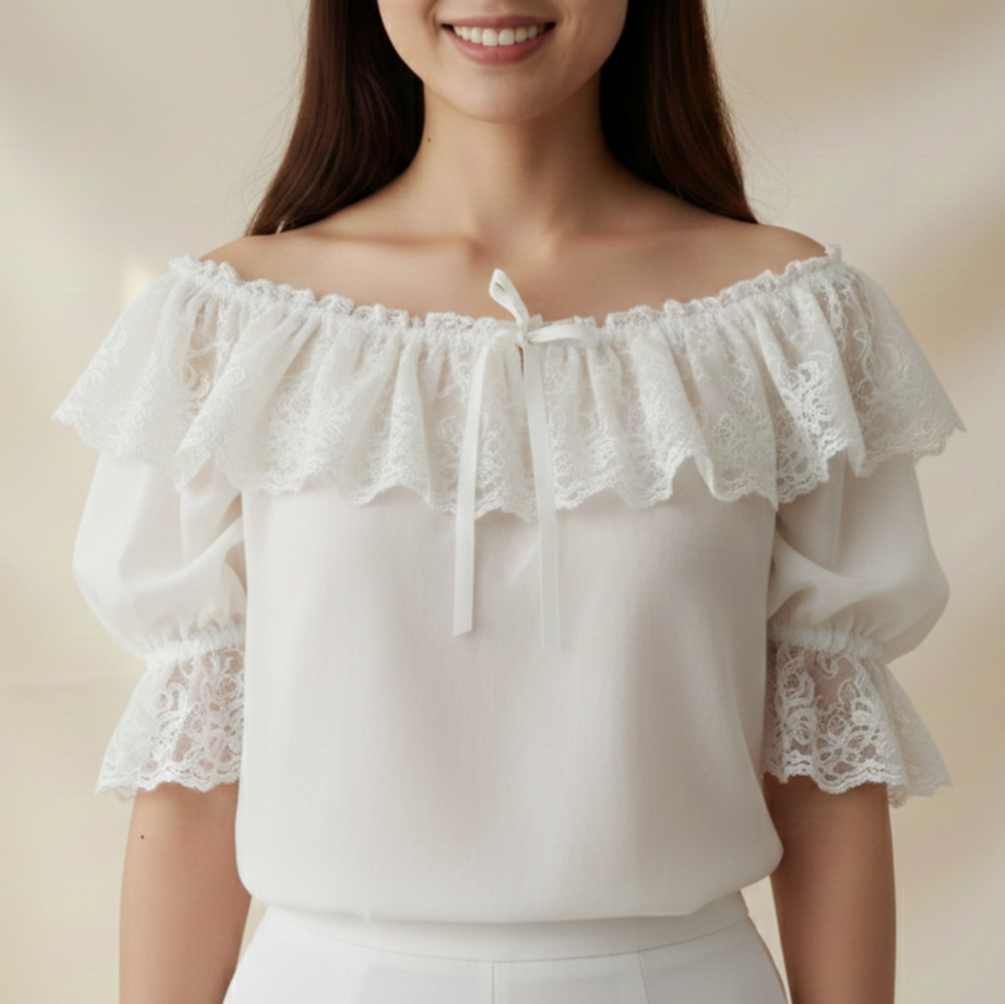 Woman wearing a white off-shoulder top with lace details against a beige background