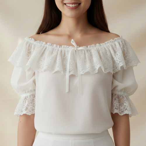 Woman wearing a white off-shoulder top with lace details against a beige background