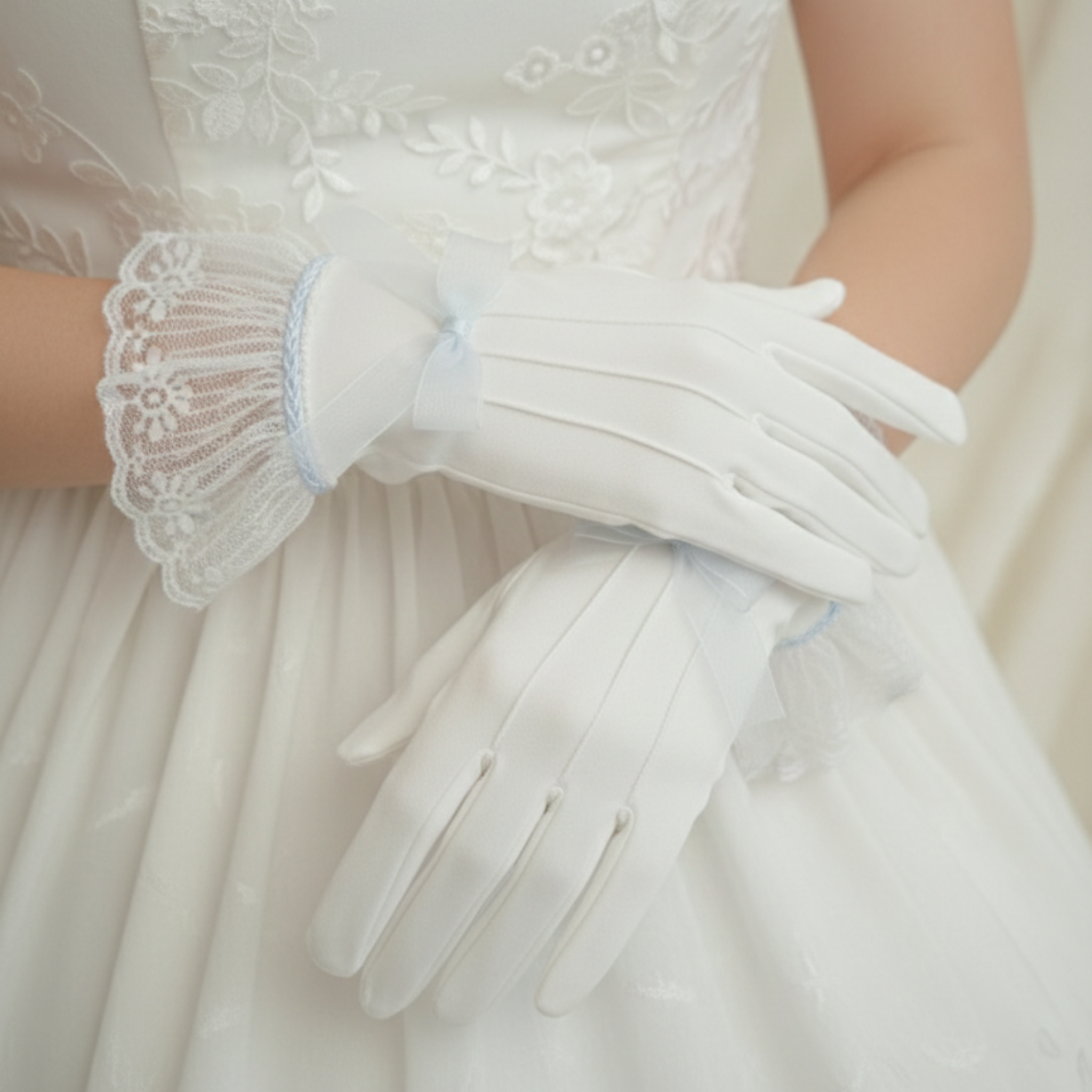 White lace gloves worn with a white dress