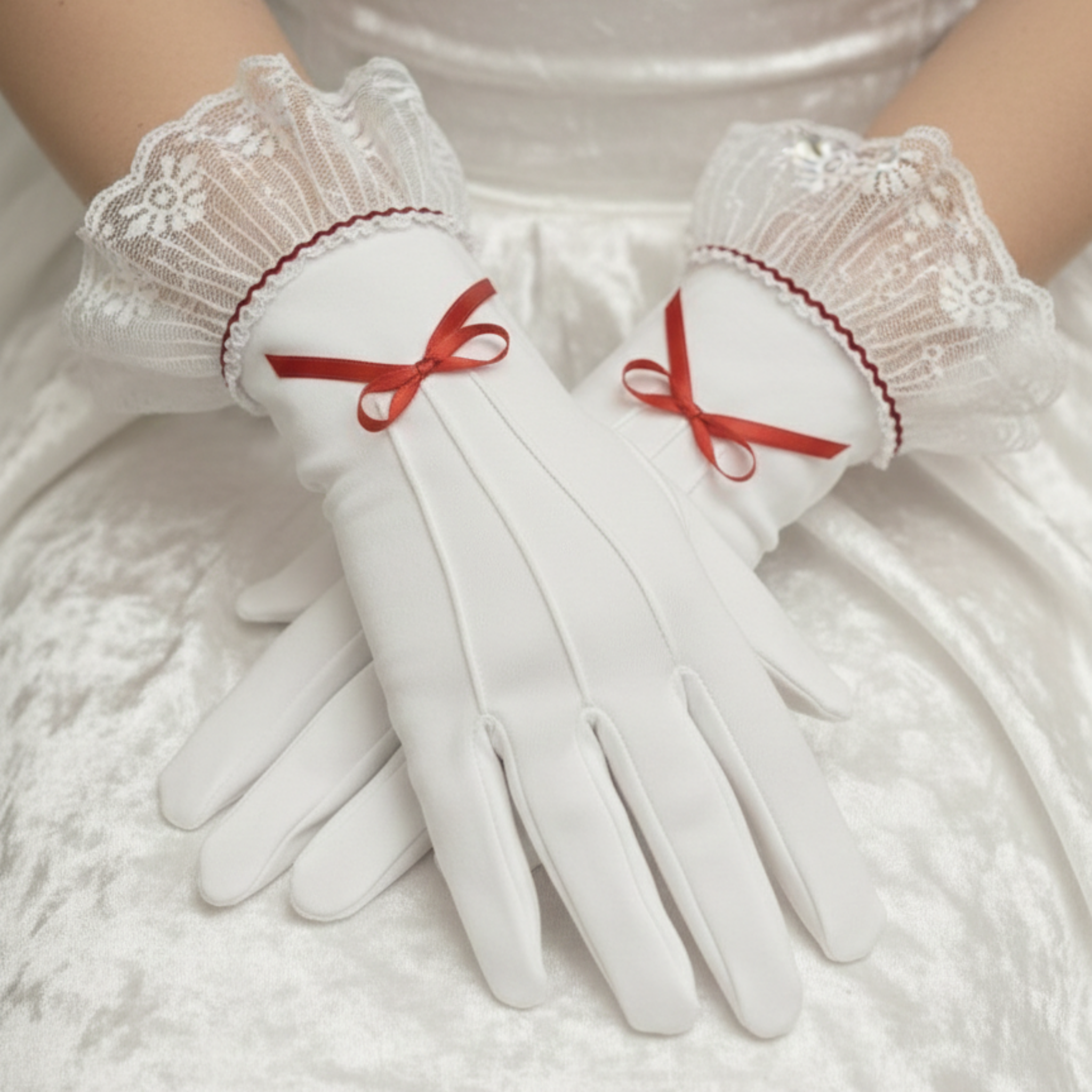 White gloves with red bows worn by a person in a white dress.