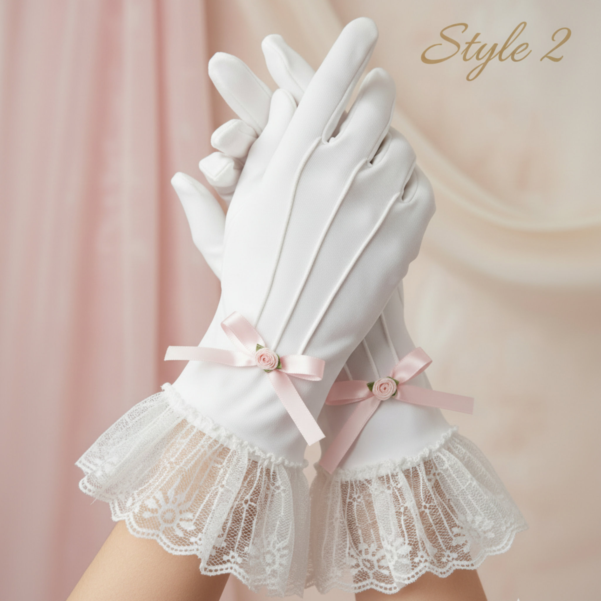 White gloves with lace cuffs and pink ribbons on a soft pink background